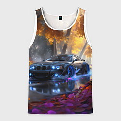 Майка-безрукавка мужская BMW синие неоновые фары, цвет: 3D-белый