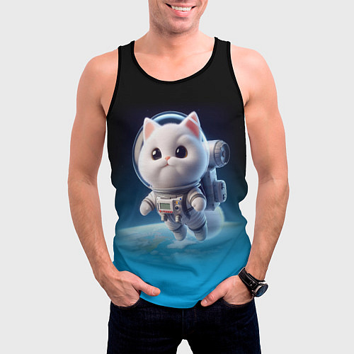 Мужская майка без рукавов Милый белый котёнок космонавт / 3D-Черный – фото 3