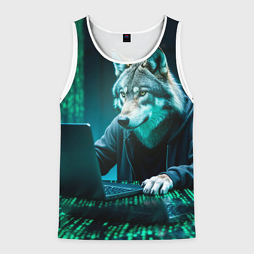Мужская майка без рукавов Волк хакер / 3D-Белый – фото 1