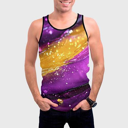 Мужская майка без рукавов Фиолетовая текстура с желтой полосой / 3D-Черный – фото 3