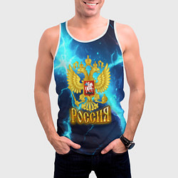 Майка-безрукавка мужская Россия герб на синих молниях, цвет: 3D-белый — фото 2