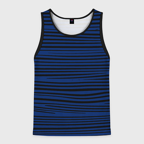 Мужская майка без рукавов Чёрно-синий в тонкую волнистую полоску / 3D-Черный – фото 1