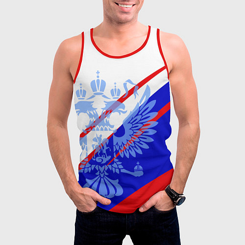 Мужская майка без рукавов Герб на фоне цветов флага бело-сине-красный / 3D-Красный – фото 3