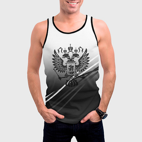 Мужская майка без рукавов Герб России градиент в полосами серый / 3D-Черный – фото 3