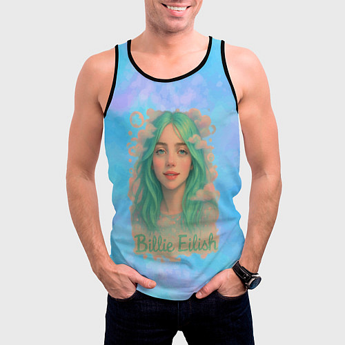 Мужская майка без рукавов Билли Айлиш с зелеными волосами / 3D-Черный – фото 3