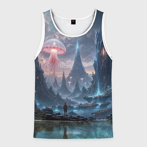 Мужская майка без рукавов Фантастический мир с медузами и озеро у гор / 3D-Белый – фото 1