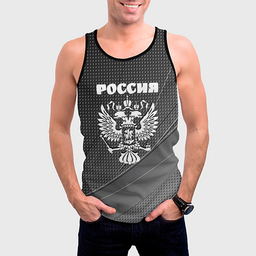 Мужская майка без рукавов Россия герб тёмно-серый текстурный с полосой / 3D-Черный – фото 3