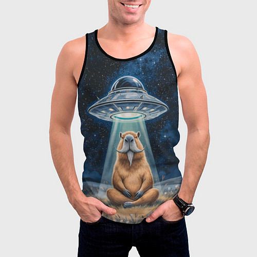 Мужская майка без рукавов Нло похищает капибару сидящую в позе лотоса / 3D-Черный – фото 3