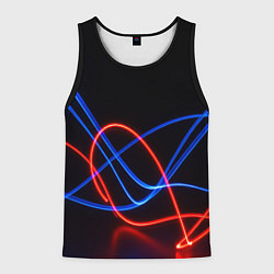 Мужская майка без рукавов Красно синие неоновые линии на черном фоне