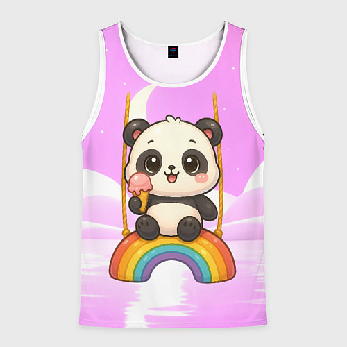 Мужская майка без рукавов Панда с мороженым качается на радуге / 3D-Белый – фото 1