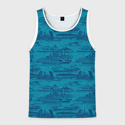 Мужская майка без рукавов Корюшка пошла по Неве на синем фоне / 3D-Белый – фото 1