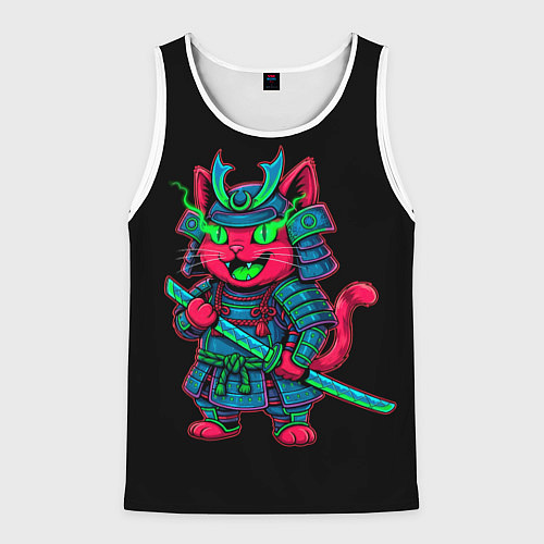 Мужская майка без рукавов Котик самурай с неоновым взглядом / 3D-Белый – фото 1