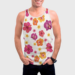 Майка-безрукавка мужская Тропический букет - узор с яркими гибискусами и ор, цвет: 3D-белый — фото 2