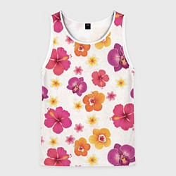 Мужская майка без рукавов Тропический букет - узор с яркими гибискусами и ор