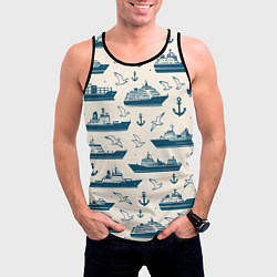 Майка-безрукавка мужская Морской паттерн из чаек, якорей и кораблей, цвет: 3D-черный — фото 2