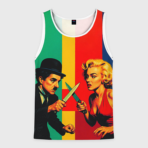 Мужская майка без рукавов Чарли Чаплин против Мэрилин Монро поп-арт / 3D-Белый – фото 1