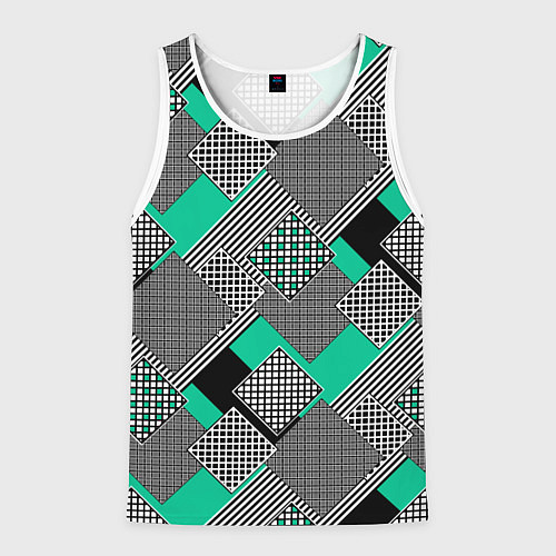 Мужская майка без рукавов Черно бирюзовая абстрактная геометрия пэчворк / 3D-Белый – фото 1