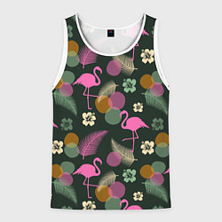 Мужская майка без рукавов Фламинго и листья на темно-зеленом