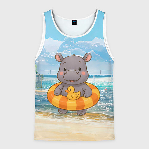 Мужская майка без рукавов Бегемотик в плавательном круге с уточкой / 3D-Белый – фото 1