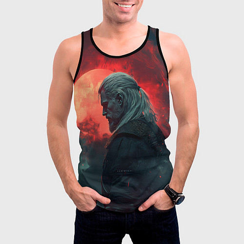 Мужская майка без рукавов Ведьмак на фоне красной луны / 3D-Черный – фото 3