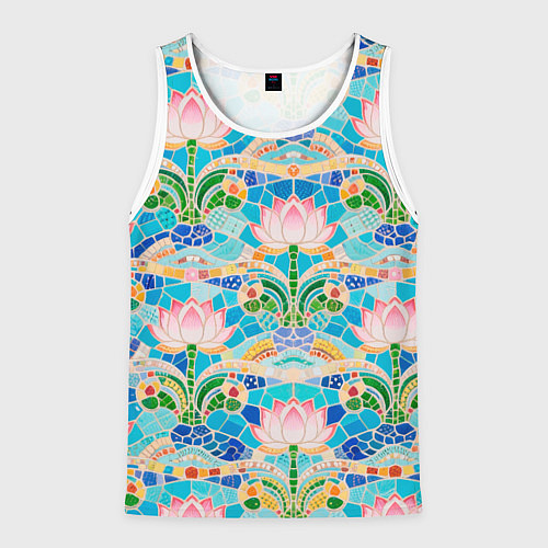 Мужская майка без рукавов Белый лотос декоративный и волны / 3D-Белый – фото 1