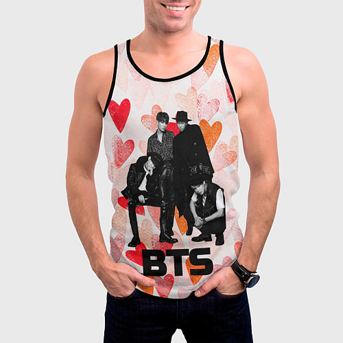 Мужская майка без рукавов BTS на фоне сердечек / 3D-Черный – фото 3