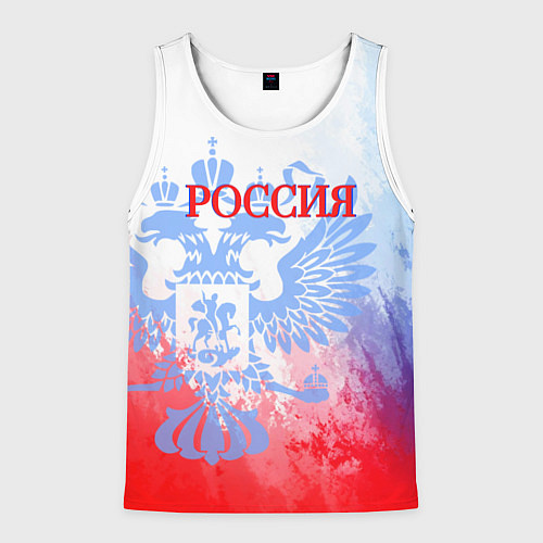 Мужская майка без рукавов Россия с гербом светлый бело-сине-красный / 3D-Белый – фото 1