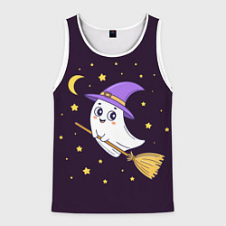 Майка-безрукавка мужская Хэллоуин, привидение на метле, звезды, цвет: 3D-белый