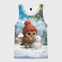 Майка-безрукавка мужская Совушка в шапочке лепит снеговика, цвет: 3D-белый