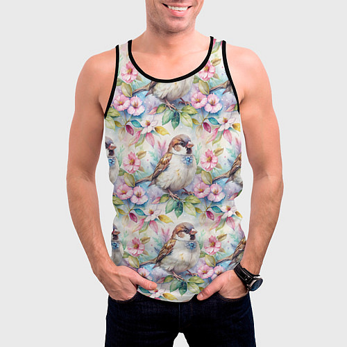 Мужская майка без рукавов Воробей в ярких цветах паттерн / 3D-Черный – фото 3