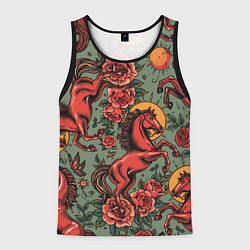 Мужская майка без рукавов Красный конь и розы
