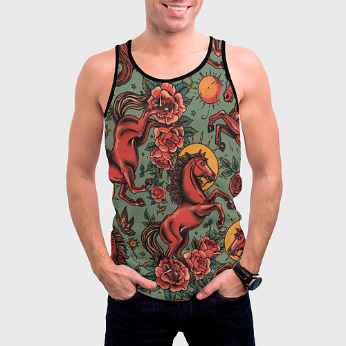 Мужская майка без рукавов Красный конь и розы / 3D-Черный – фото 3