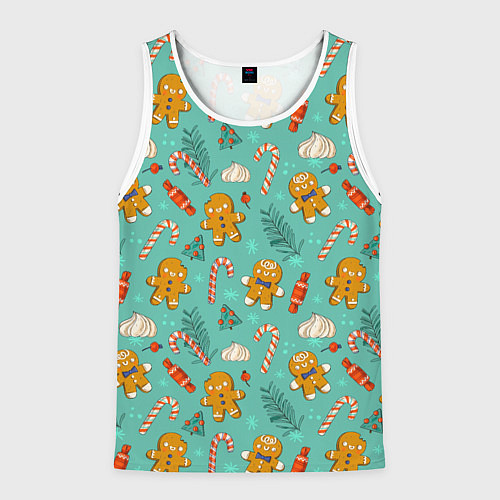 Мужская майка без рукавов Новогодний паттерн печенье с конфетами / 3D-Белый – фото 1