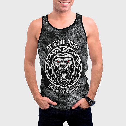 Мужская майка без рукавов Не буди лихо пока оно тихо - медведь русич / 3D-Черный – фото 3