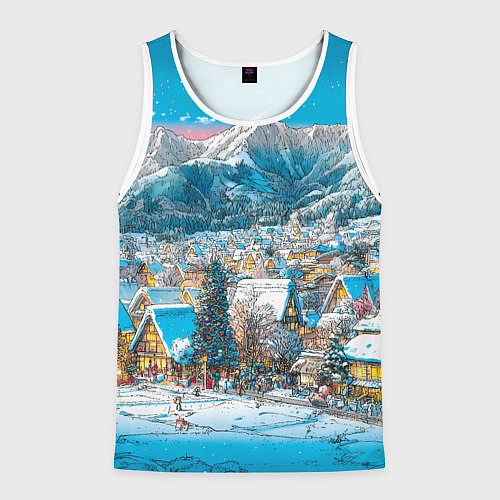 Мужская майка без рукавов Новогодняя деревушка в горах / 3D-Белый – фото 1