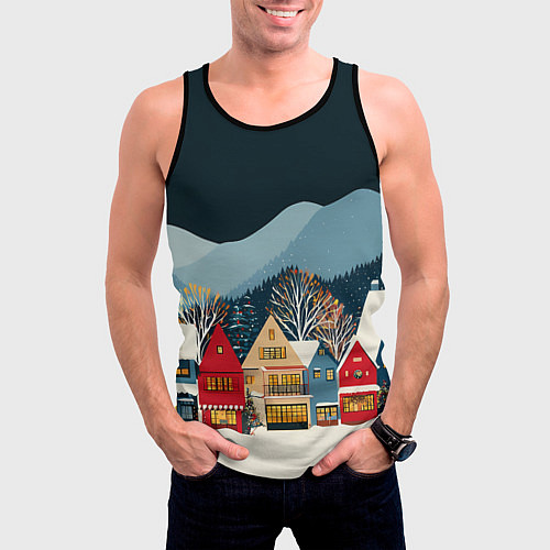 Мужская майка без рукавов Новогодний городок в горах / 3D-Черный – фото 3