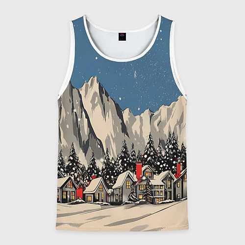 Мужская майка без рукавов Небольшой новогодний город в горах / 3D-Белый – фото 1