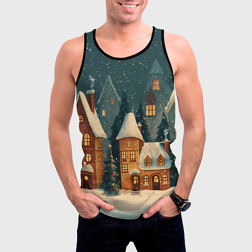 Мужская майка без рукавов Сказочный Новогодний городок / 3D-Черный – фото 3