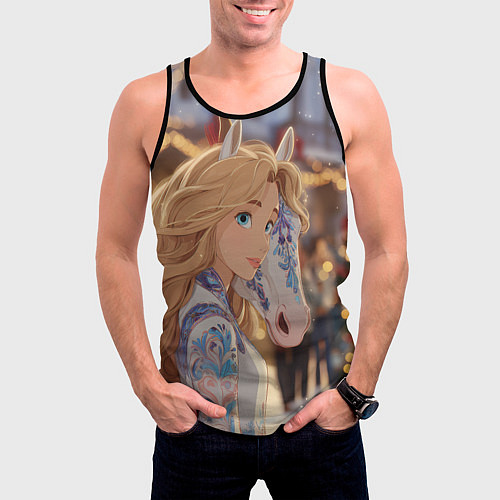 Мужская майка без рукавов Блондинка с новогодней лошадкой / 3D-Черный – фото 3