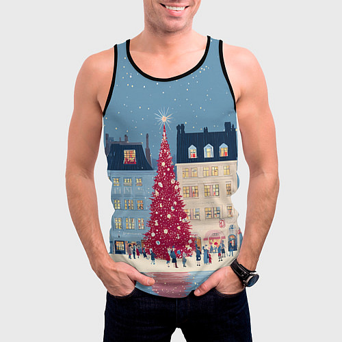 Мужская майка без рукавов Новогоднее гуляние у красной елки / 3D-Черный – фото 3