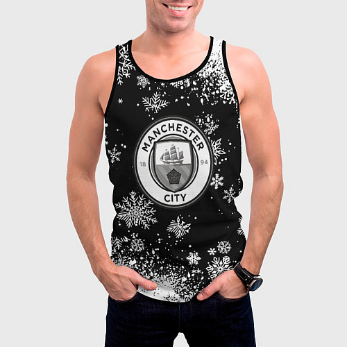 Мужская майка без рукавов Манчестер сити снежинки новый год / 3D-Черный – фото 3