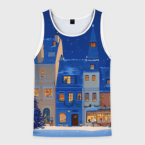 Мужская майка без рукавов Синяя новогодняя елочка во дворе / 3D-Белый – фото 1