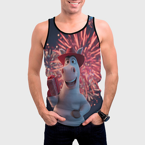 Мужская майка без рукавов Лошадь с подарком на фоне салюта / 3D-Черный – фото 3