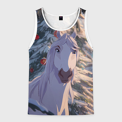 Мужская майка без рукавов Белая лошадь на фоне елки / 3D-Белый – фото 1