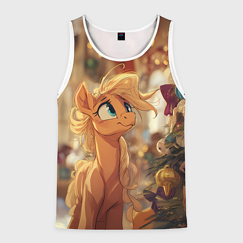 Мужская майка без рукавов Милая лошадка любуется елкой / 3D-Белый – фото 1