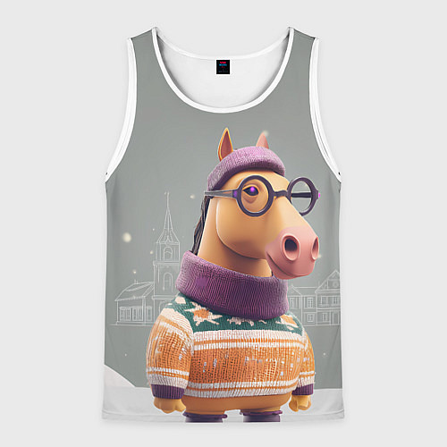 Мужская майка без рукавов Новогодняя лошадка хипстер / 3D-Белый – фото 1