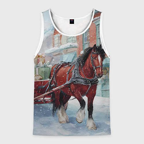Мужская майка без рукавов Лошадка с новогодней повозкой / 3D-Белый – фото 1