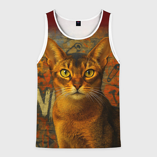 Мужская майка без рукавов Абиссинская кошка на фоне кирпичной стены с граффи / 3D-Белый – фото 1
