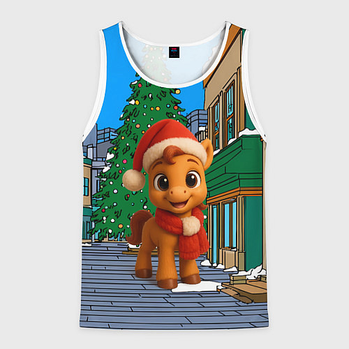 Мужская майка без рукавов Новогодняя лошадка и елка / 3D-Белый – фото 1