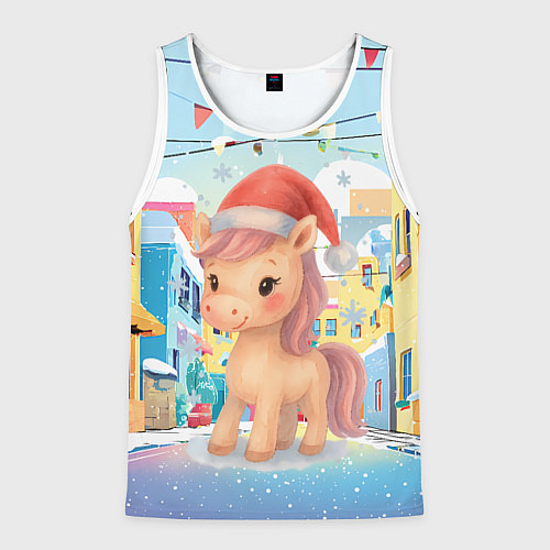Мужская майка без рукавов Лошадка с новогоднем венком / 3D-Белый – фото 1